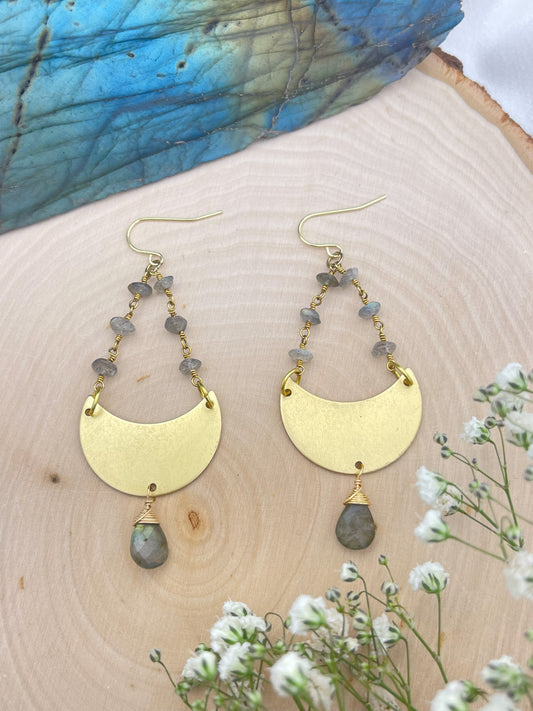 Labradorite Crescent Moon & Chain Earrings