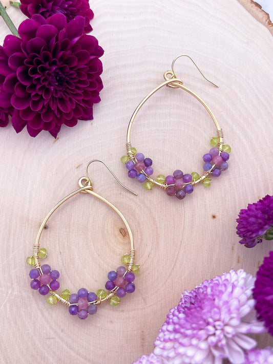 Ruby, Pink Tourmaline, & Peridot Floral Hoop Earrings